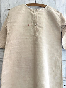 Rare PRIMITIVE unused French heavy oatmeal LINEN nightshirt MB mono c1820