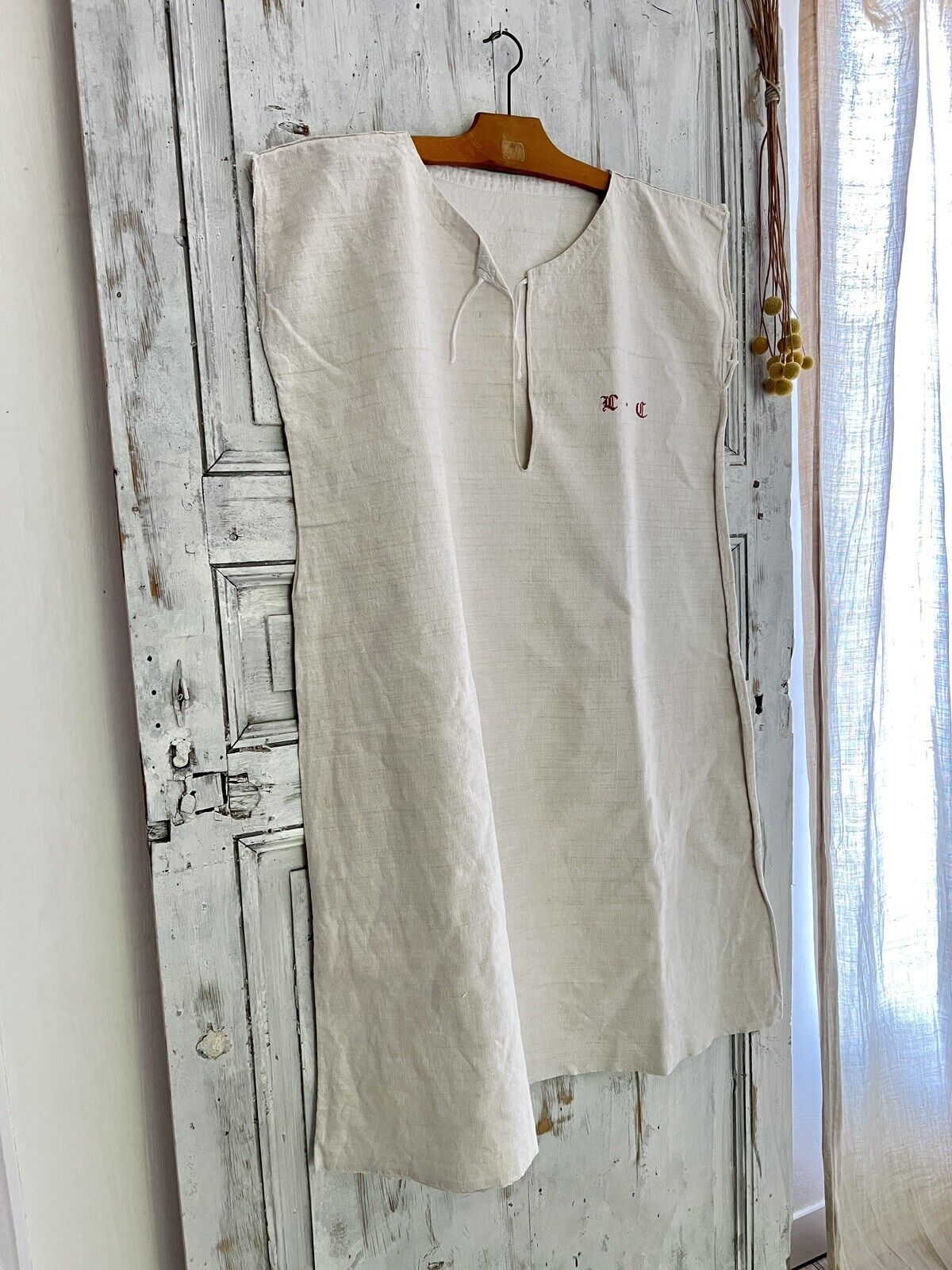 PRIMITIVE French heavy ECRU LINEN nightshirt MD mono CUT c1850