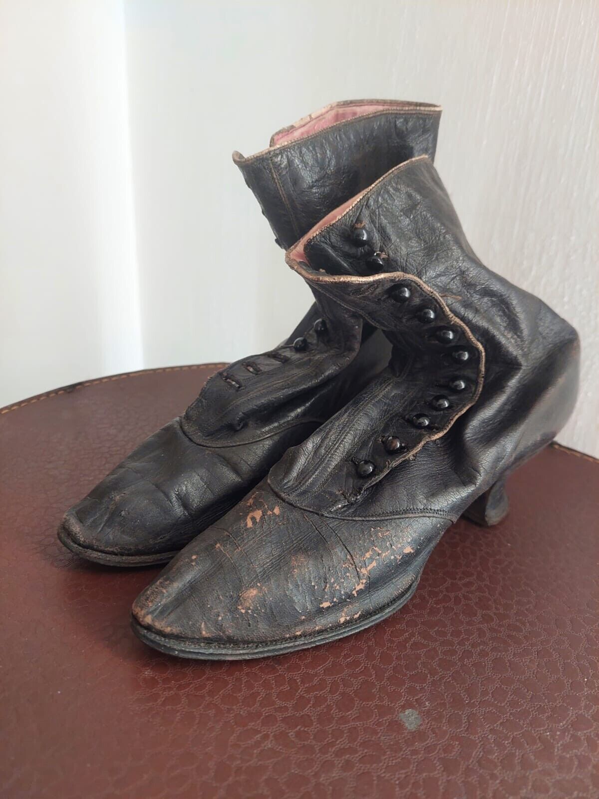 Edwardian French pair woman shoes BLACK LEATHER bobine heel WORN c1850