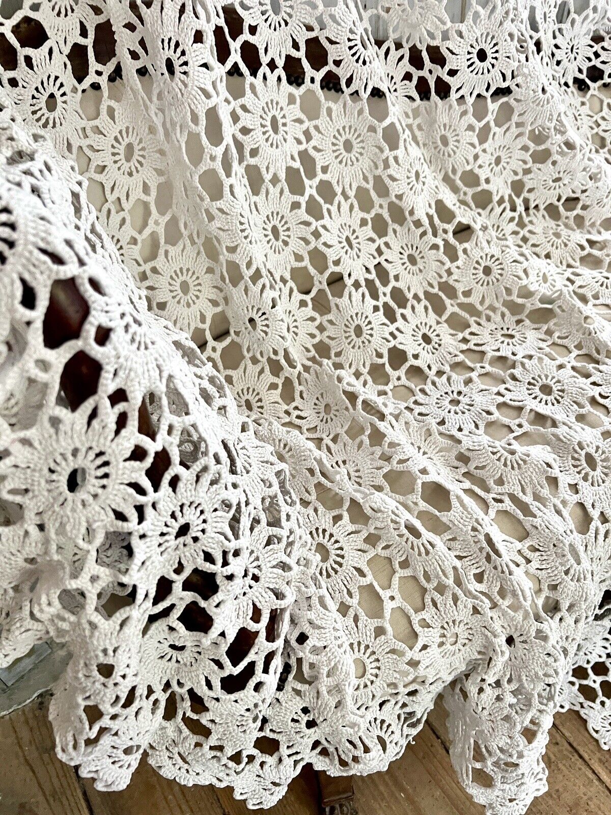 Vintage French floral FILET LACE BEDSPREAD c1930