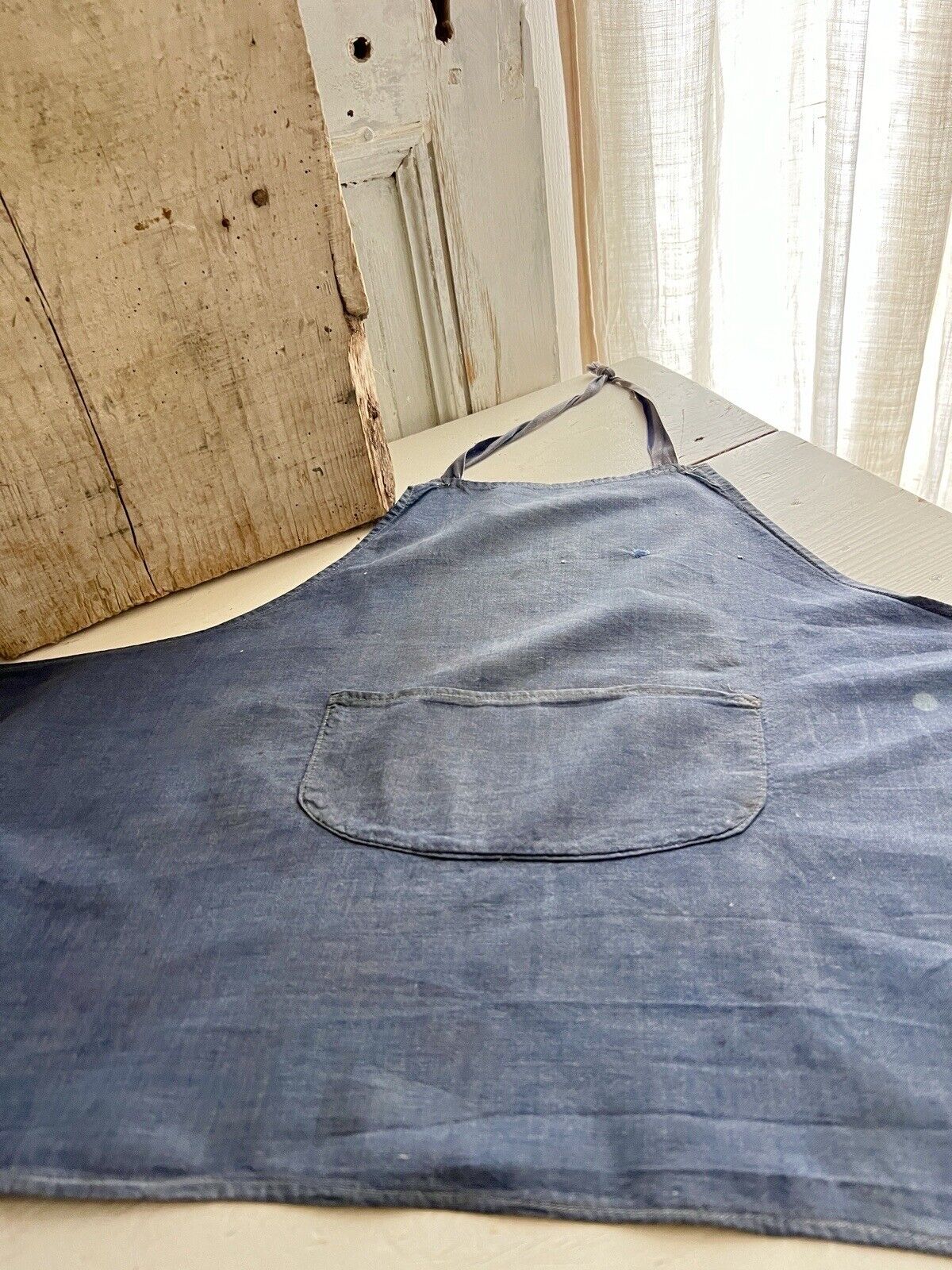 Antique French rare CHILD INDIGO WORK WEAR APRON LINEN c1900