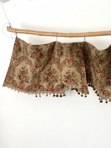 Antique French PAIR floral DAMASK VALANCE braid POMPOMS roses DECOR padded c1850