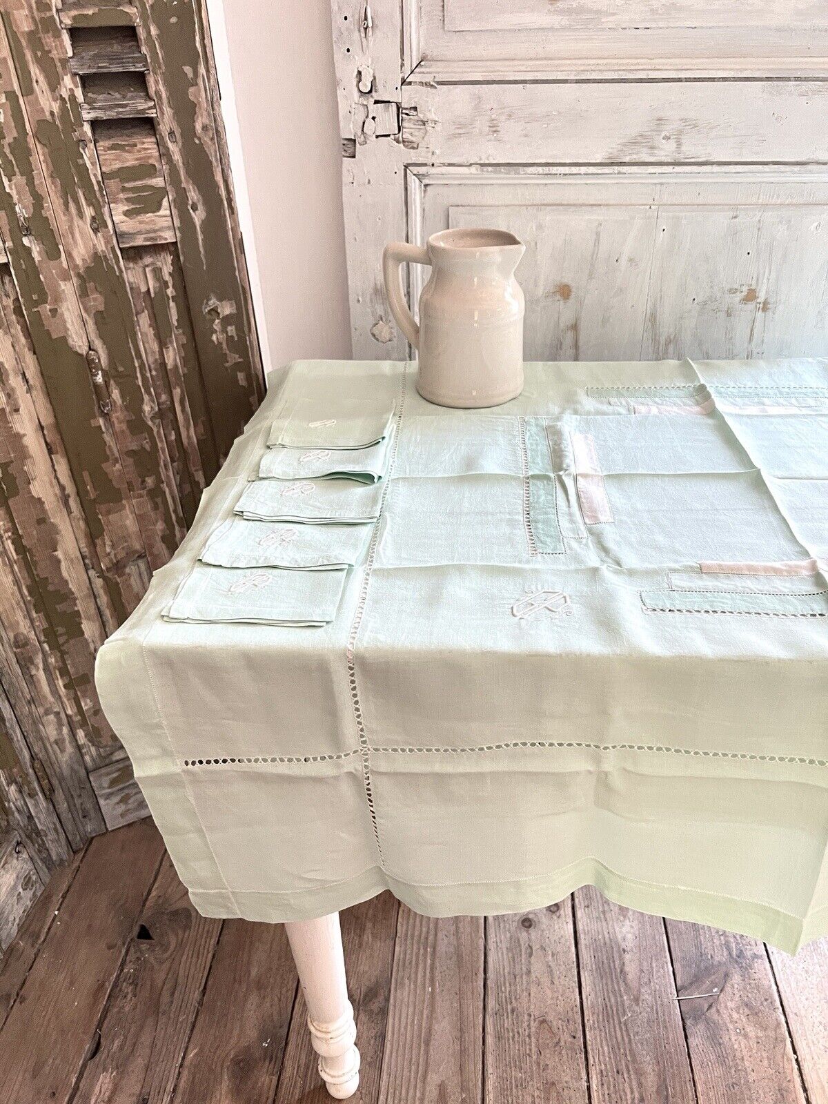 Art Deco SET French FIL OF LINEN TABLECLOTH 11 NAPKINS pale green GP m c1930