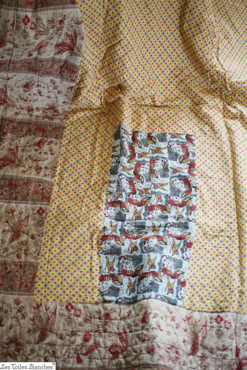 Antique WIDE French QUILT BOUTIS piqué PROVENCE indiennes patched c1880