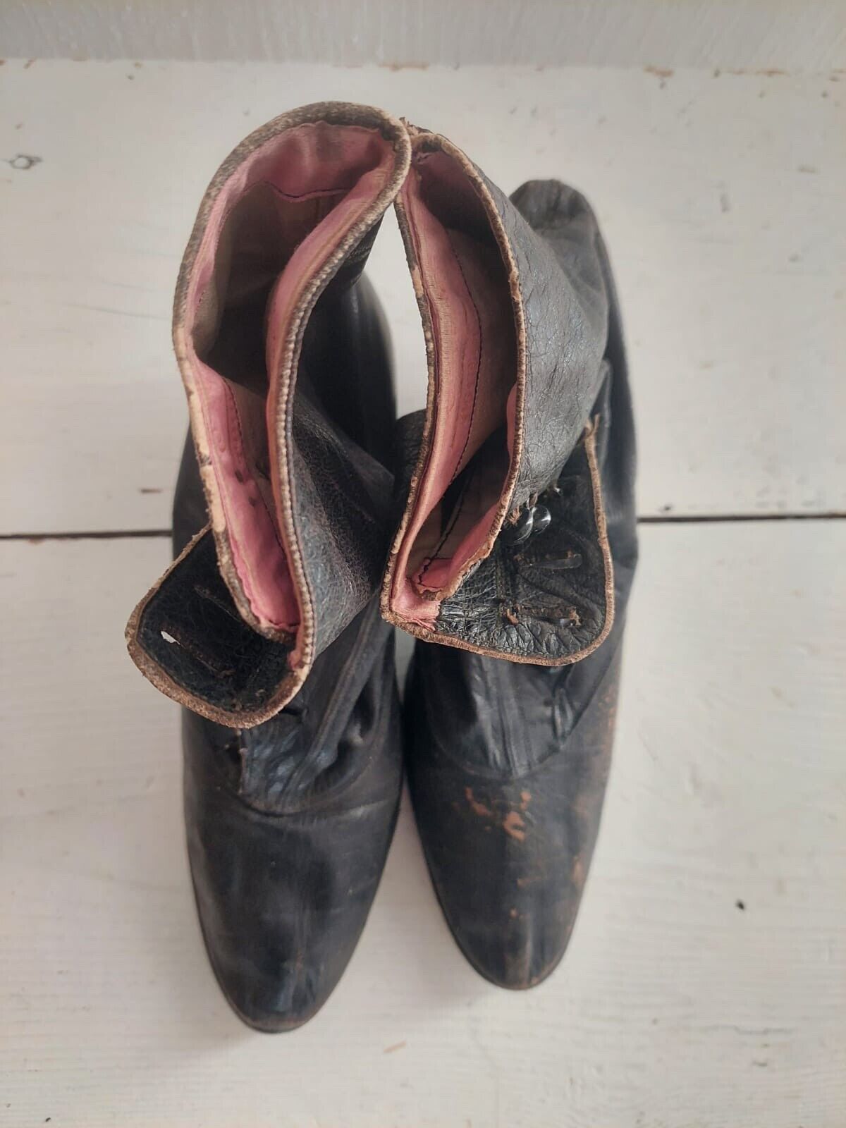 Edwardian French pair woman shoes BLACK LEATHER bobine heel WORN c1850