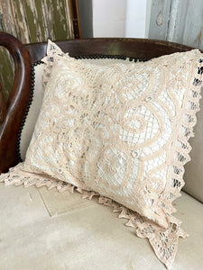 Vintage French Richelieu embroidery PILLOW COVER ivory tone c 1950