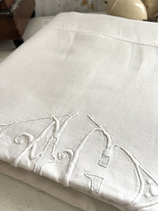 Antique French TROUSSEAU floppy LINEN FIL sheet AG mono PATCHED c1920