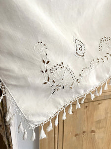 Antique French LONG linen embroidered VALANCE MANTELPIECE eyelet FRINGES c1900