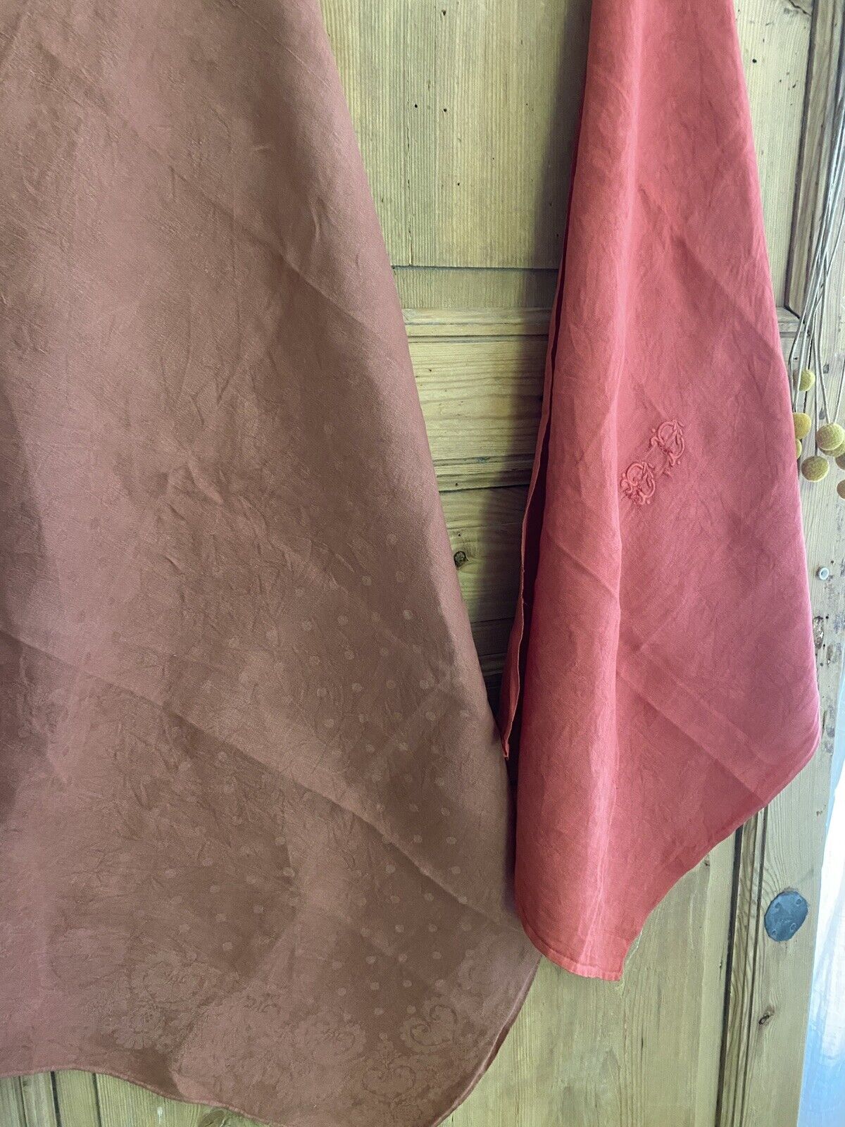 2 antique French RED FRUIT DYED linen TEA TOWELS 1900