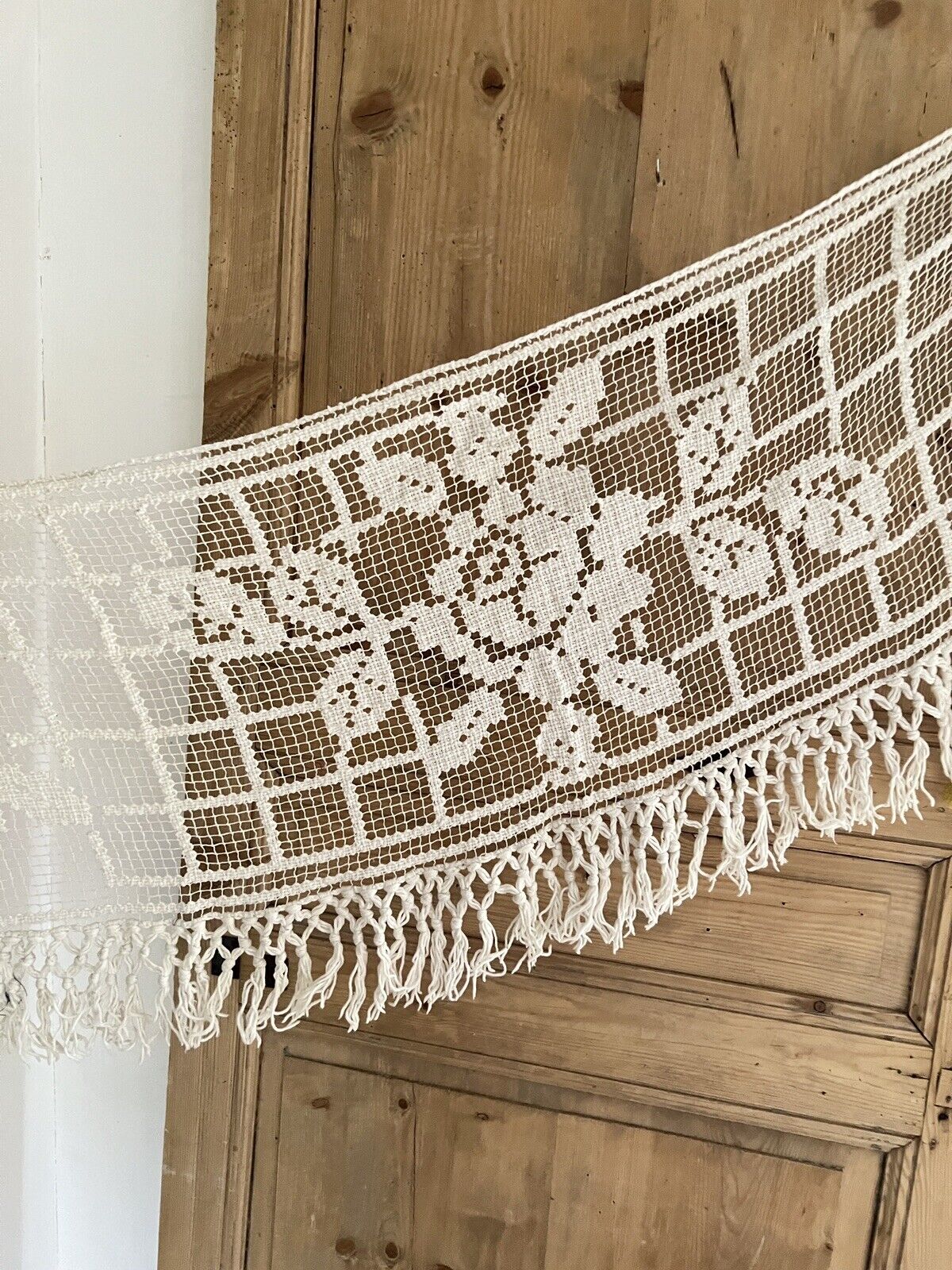 Art Deco French MANTELPIECE floral COVER curtain cotton FILET LACE FRINGES c1930