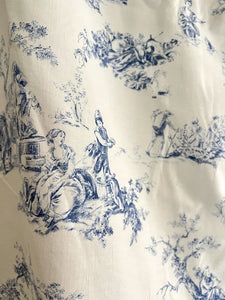 PAIR vintage French blue TOILE DE JOUY cotton PASTORAL CURTAINS BACKED c1950