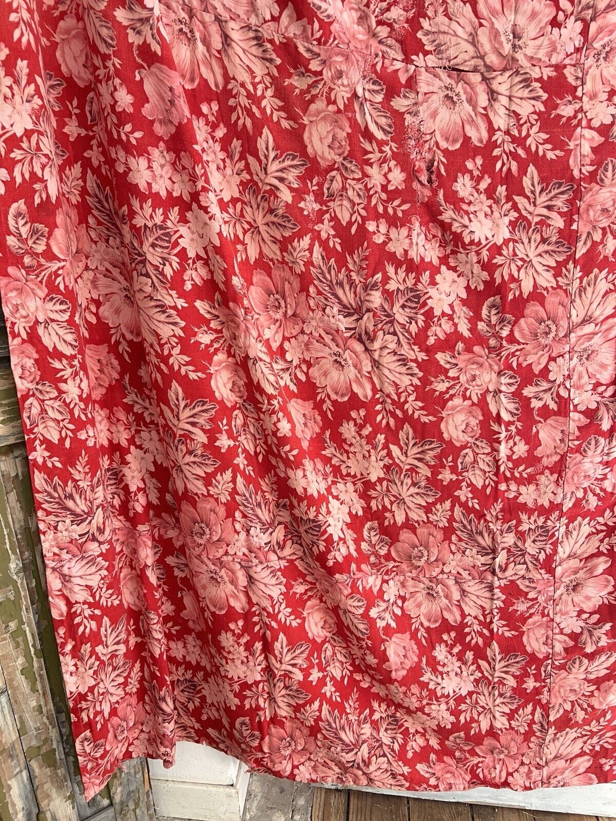 Antique French LARGE red pink FLORAL panel CURTAIN mended c1880