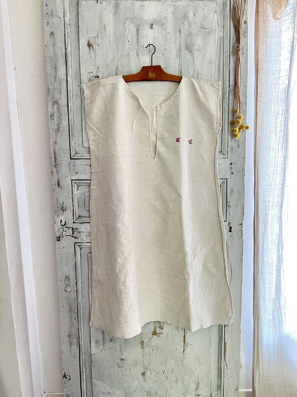 PRIMITIVE French heavy ECRU LINEN nightshirt MD mono CUT c1850