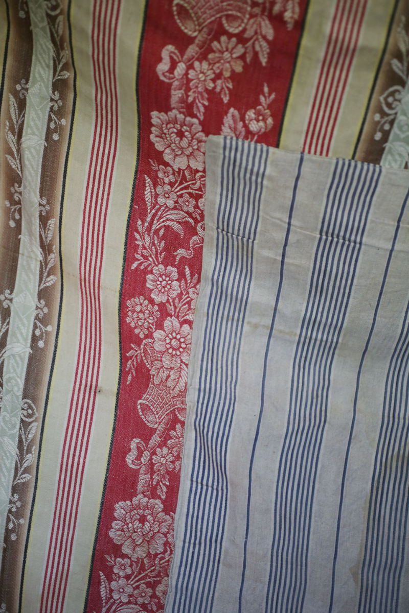 RARE Napoleon III French TICKING cotton PATCHED red cramoisi FLORAL c1850