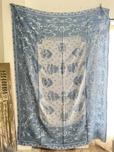 Vintage French BLUE DAMASK cotton BEDSPREAD CHINOISERIE c1930