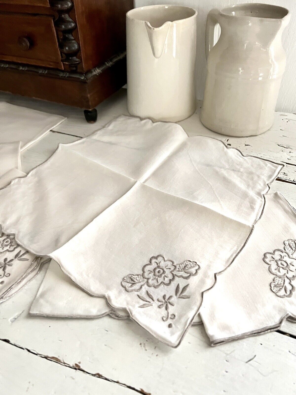 SET 6 vintage French LINEN TEA NAPKINS  gray FLORAL embroideries c1950