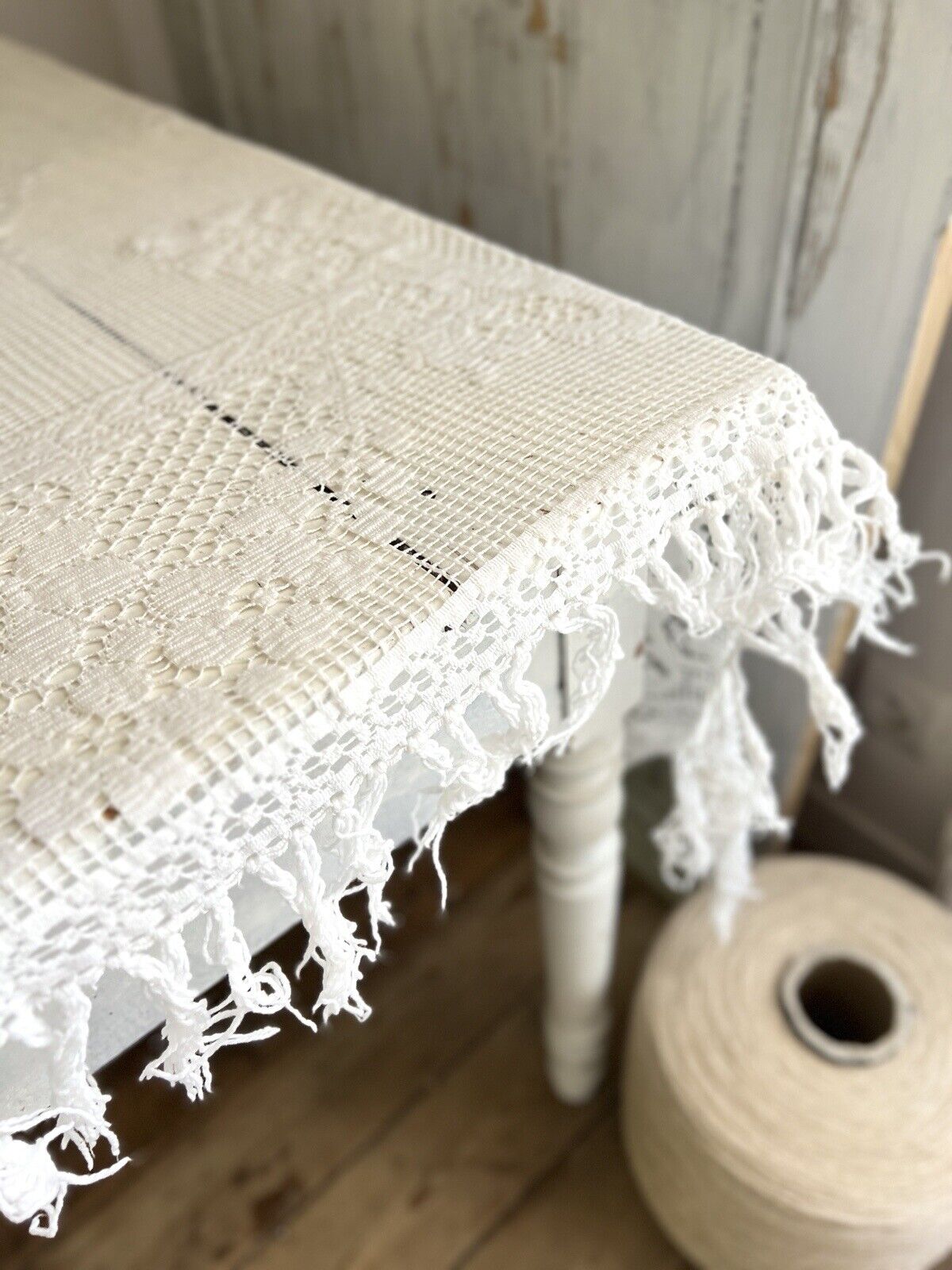 Antique French EMBROIDERED filet lace  tea TABLECLOTH FRINGES c1900