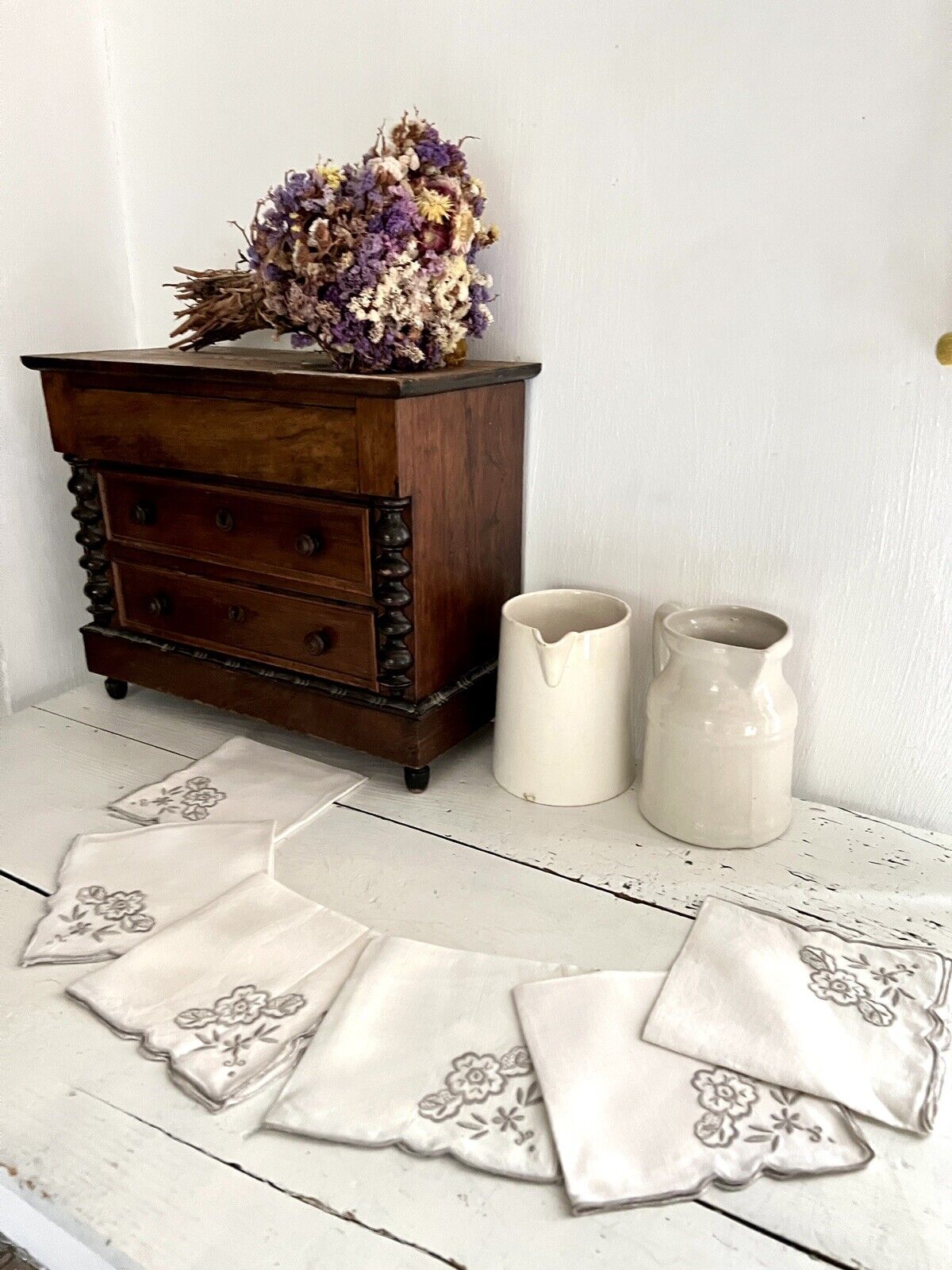 SET 6 vintage French LINEN TEA NAPKINS  gray FLORAL embroideries c1950