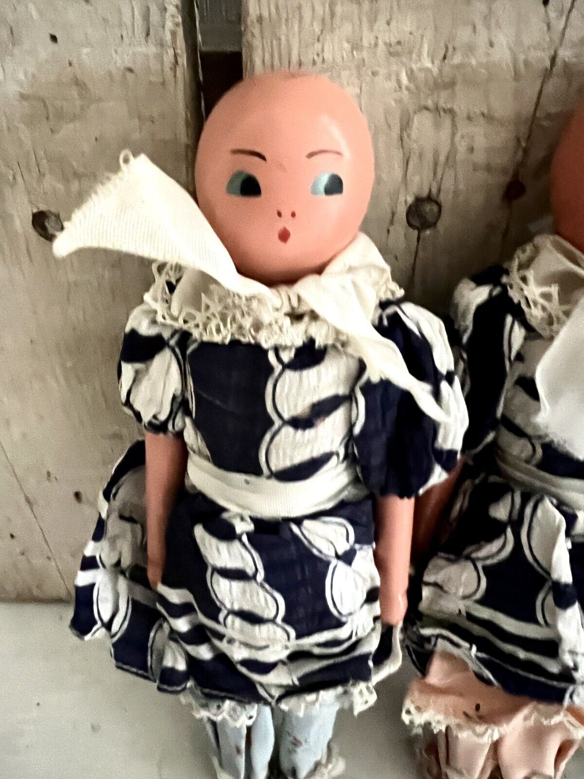 Art Deco French 3 PROMOTIONAL wood BABY DOLLS silk outfit c1930