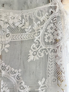 Antique French EMBROIDERED filet lace  tea TABLECLOTH FRINGES c1900