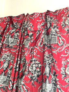 PAIR vintage French classic RED CHERUBS satin cotton CURTAINS BACKED c1950