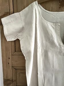 Antique French linen cotton  NIGHTSHIRT festons AC mono c1900