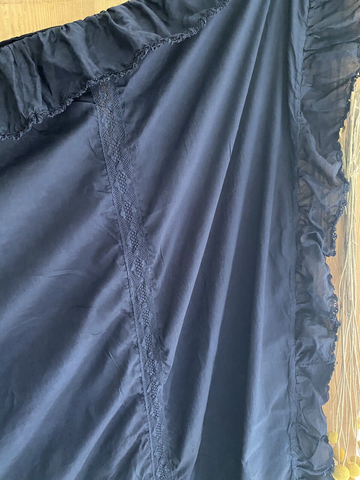 Antique French INDIGO dyed DUVET COVER LACE ENTRE DEUX cotton RUFFLES c1900