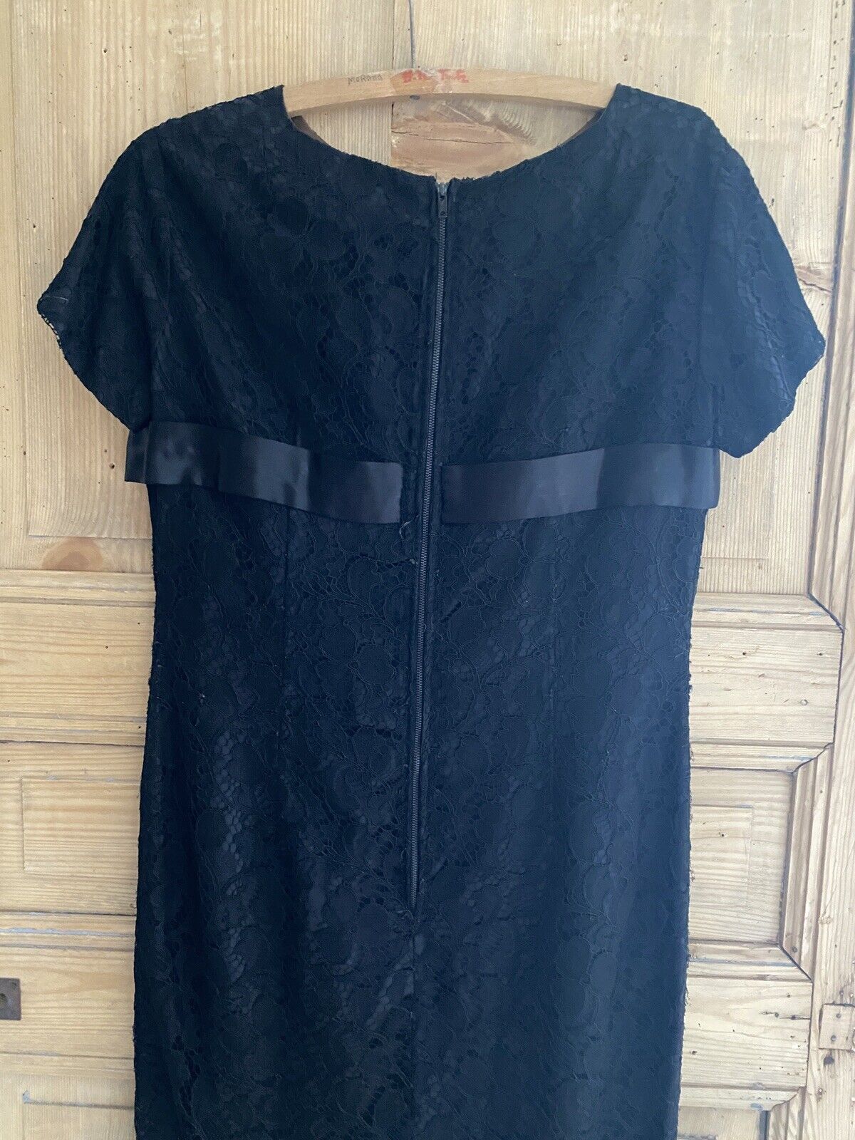 Vintage French BLACK BROCADE LACE belted DRESS c1960