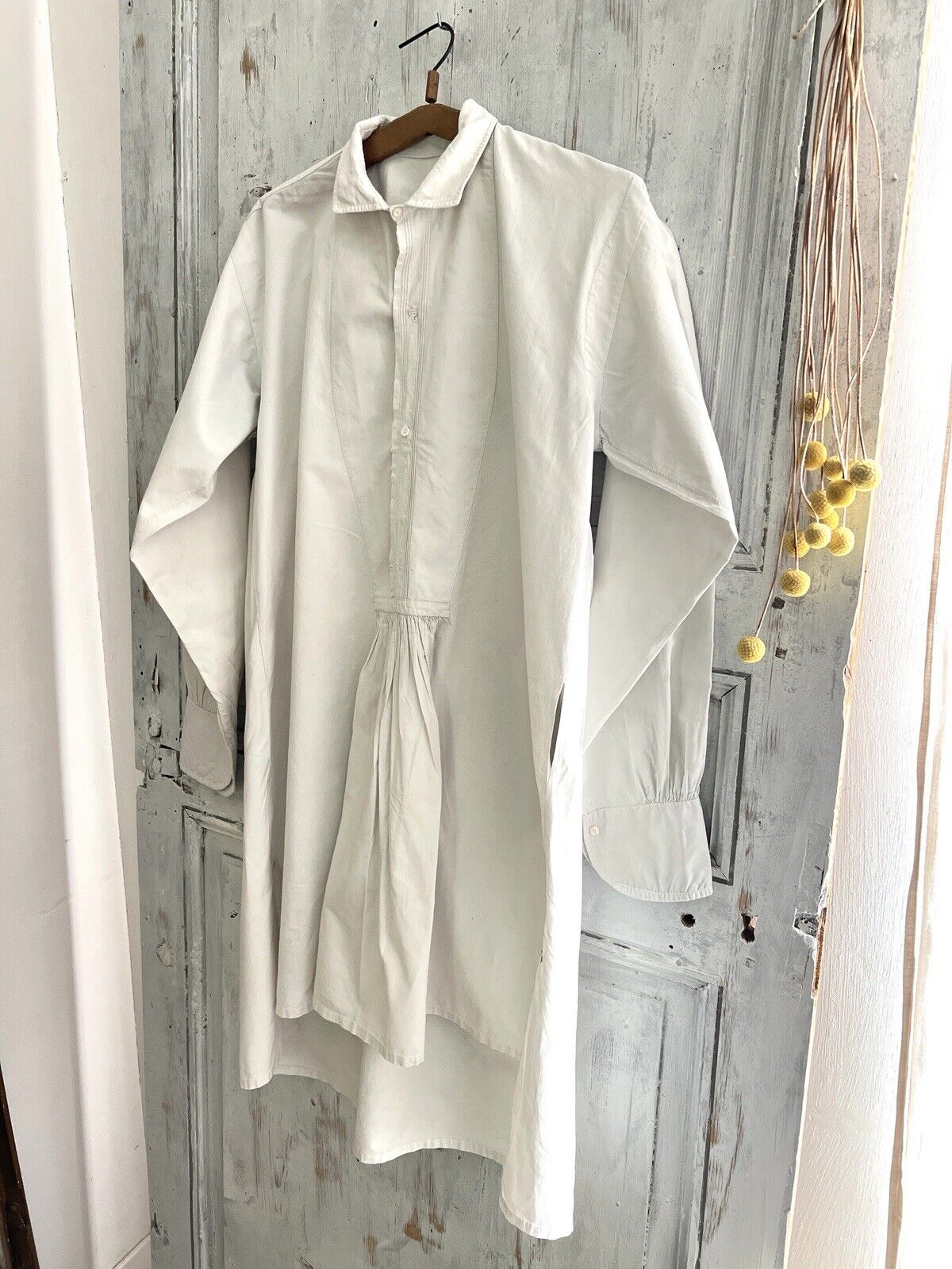 Antique French LONG man front bib pleated WORK WEAR COTTON pintucks SHIRT  c1900