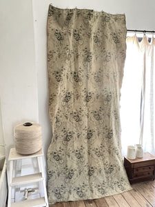 Antique French long DAMASK cotton FLORAL GREY beige CURTAIN drape c1910