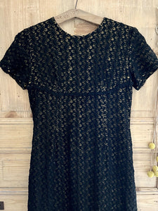 Vintage French BLACK floral LACE DRESS c1960