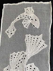 Antique French EYELET embroidered cotton FILET LACE panel curtain CARP c1920