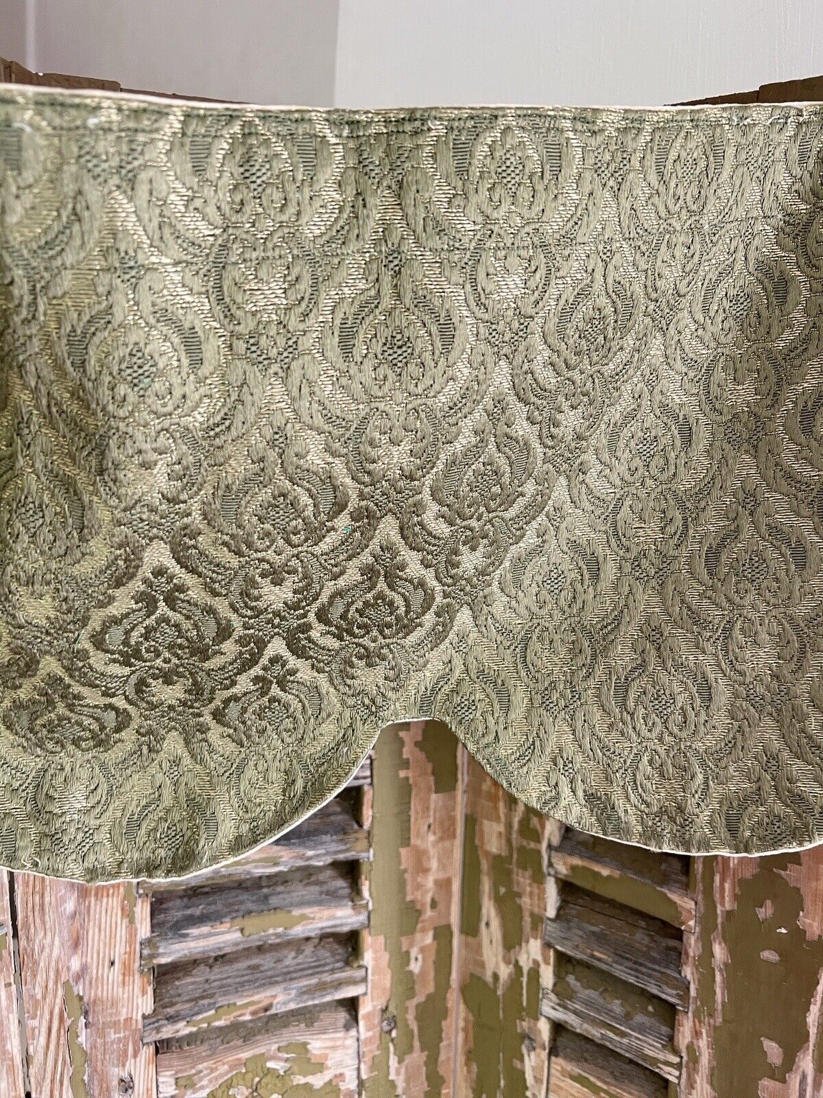 Antique French DAMASK GREEN SILK long BOTEH indiennes VALANCE c1920