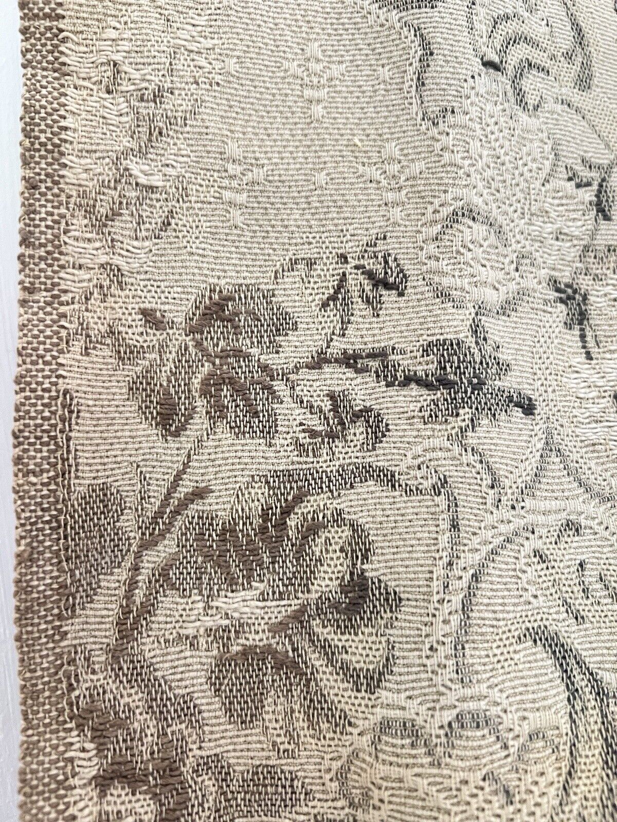 Antique French long DAMASK cotton FLORAL GREY beige CURTAIN drape c1910