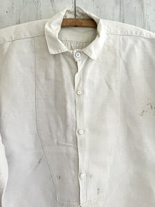 Rare antique French SHORT man front bib WORK WEAR COTTON pintucks SHIRT  c1880