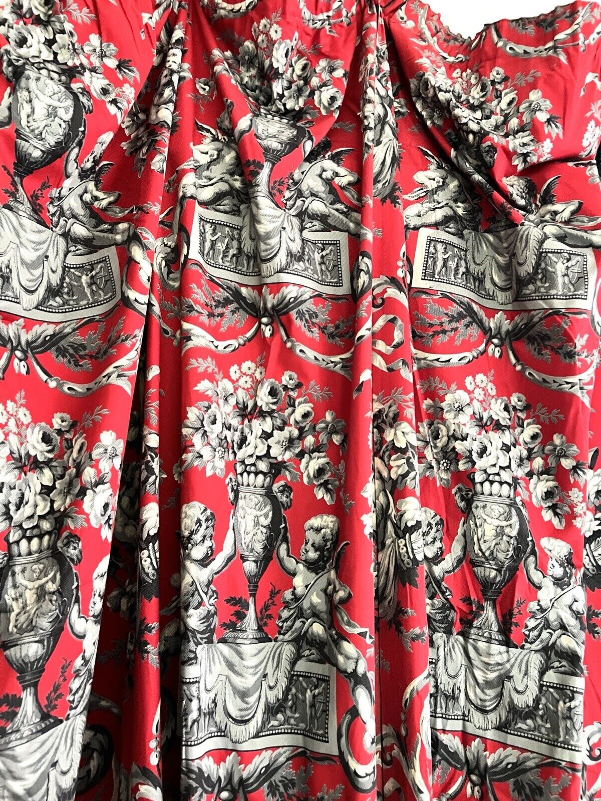 PAIR vintage French classic RED CHERUBS satin cotton CURTAINS BACKED c1950