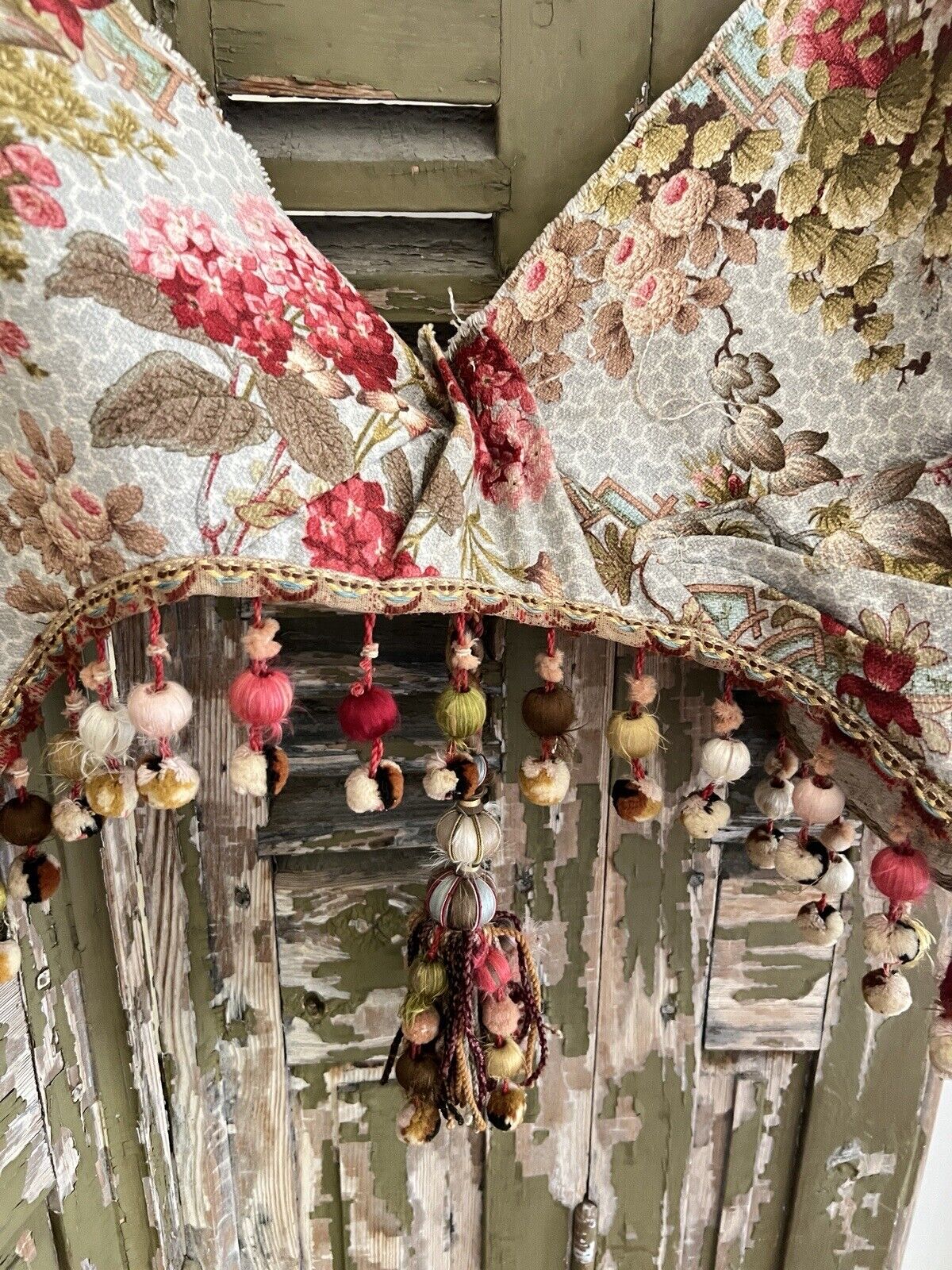 Antique French FLORAL cotton VALANCE mantel CHINOISERIE pompoms c1900