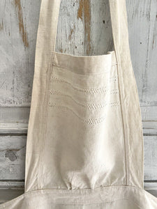 Antique French EMBROIDERED heavy linen cotton NATURAL WORK WEAR APRON c1920