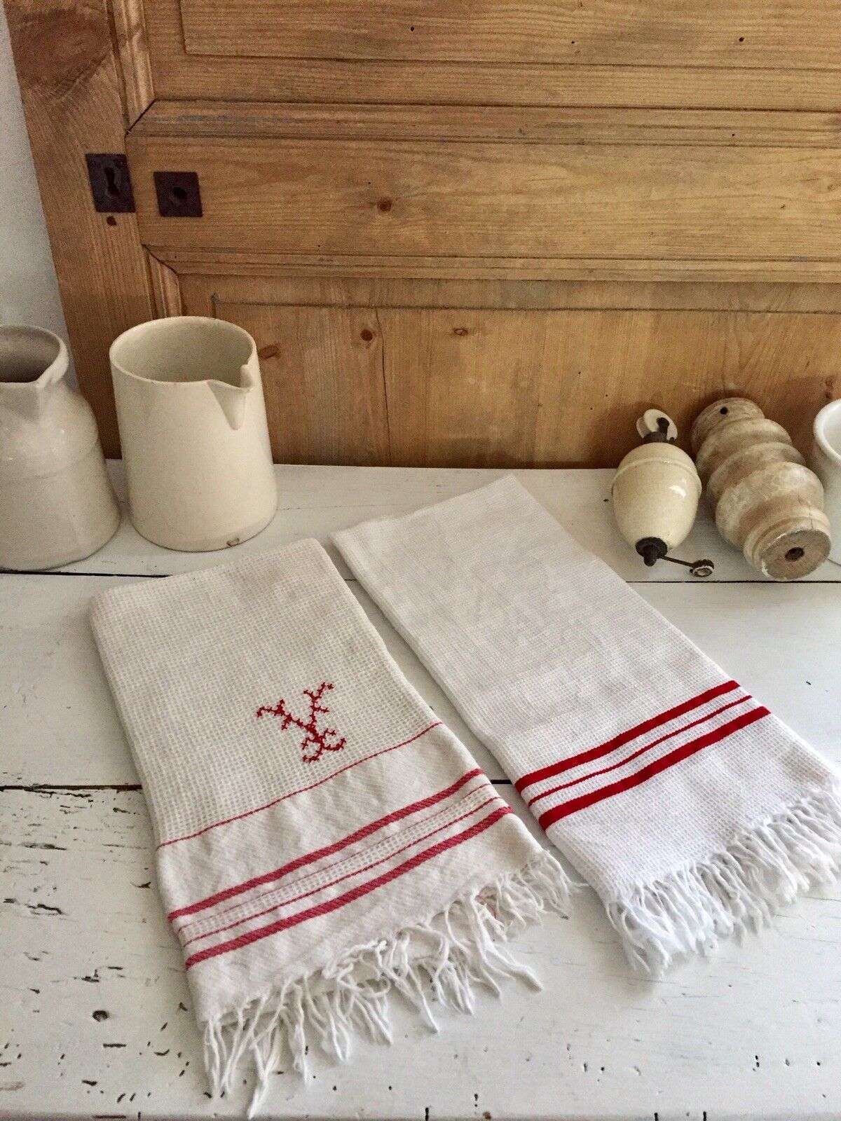 Pair Antique French GUEST TOWELS cotton nid d’abeille c1900