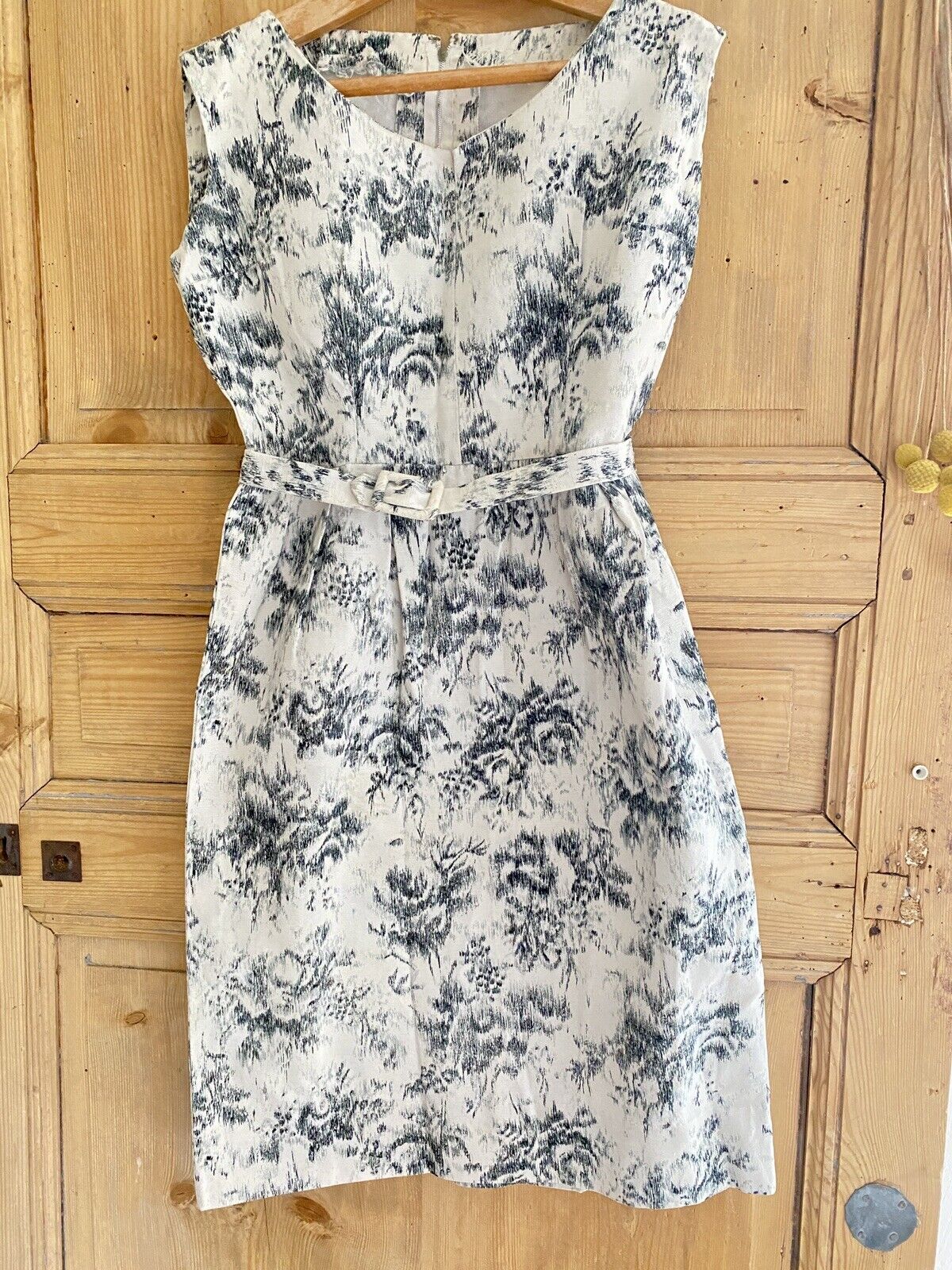 Vintage French cotton FLORAL BLUE DRESS belted c1950