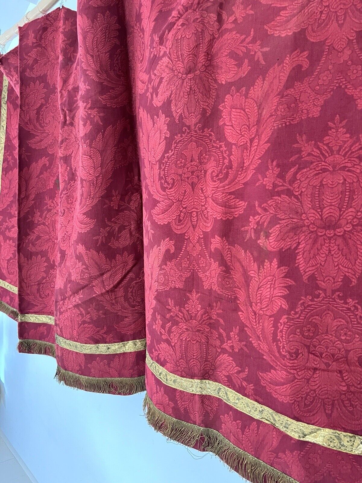 Antique French Empire long PURPLE RED floral DAMASK VALANCE braid FRINGES c1880