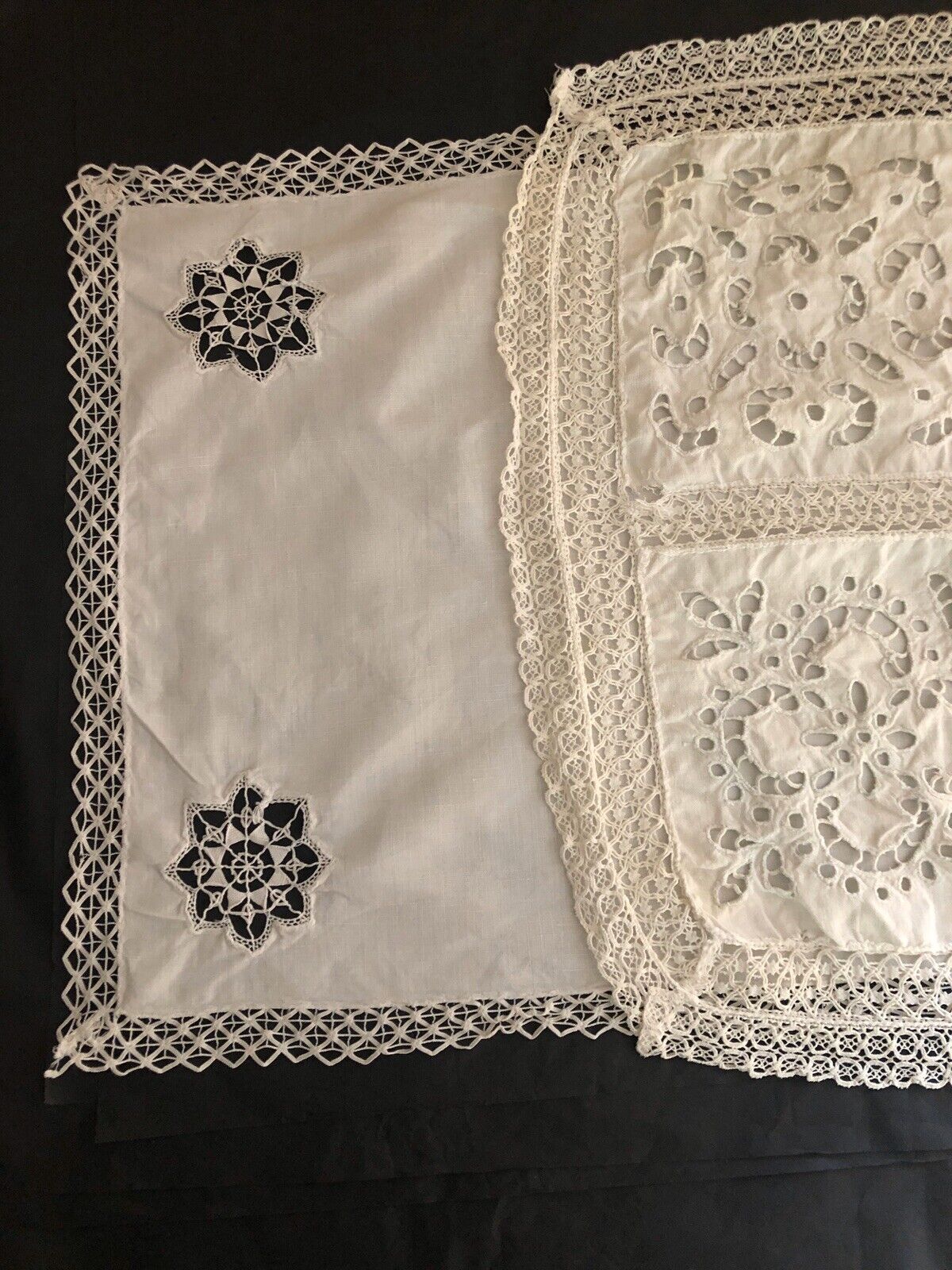 Pair of antique French LINEN napkins DOILY mats FILET LACE c1930