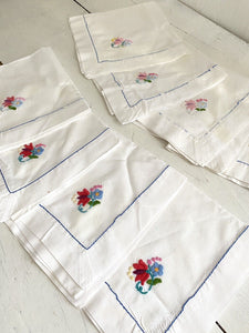 Set 8 vintage French cotton TEA NAPKINS FLORAL embroideries shabby chic c1950