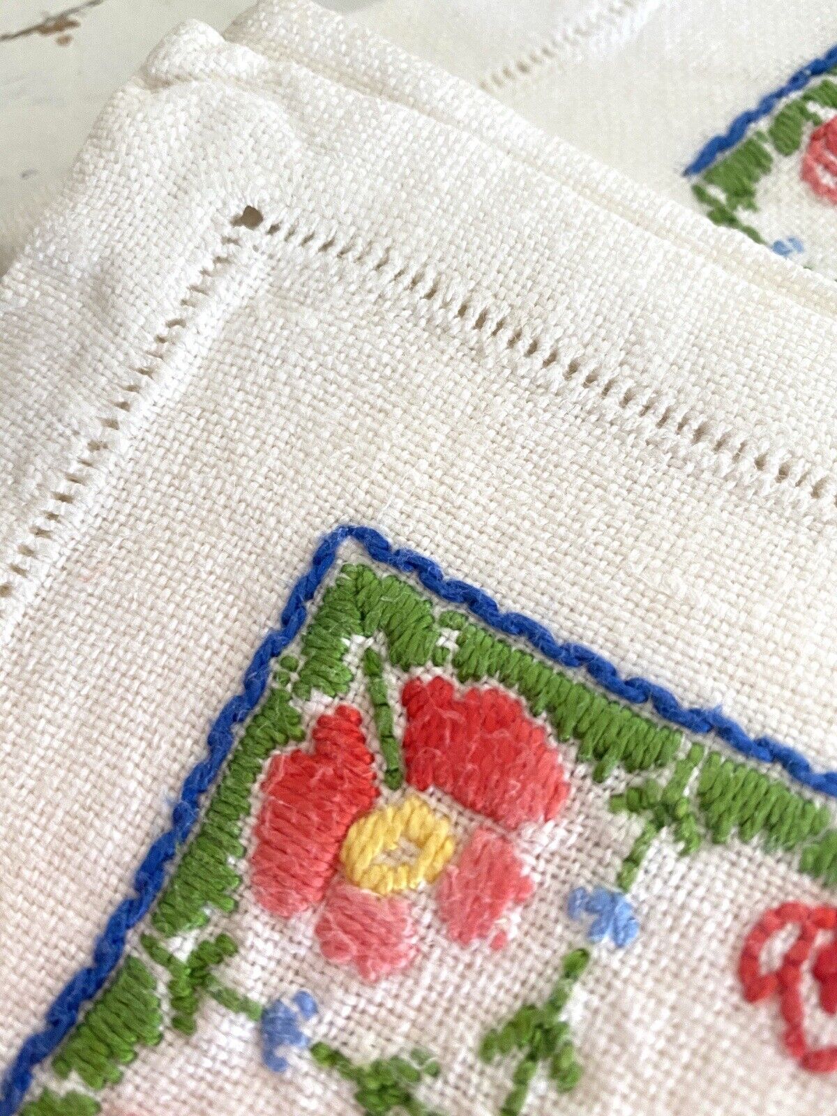 6 Vintage French HEAVY LINEN embroidered NAPKINS openworks c1950