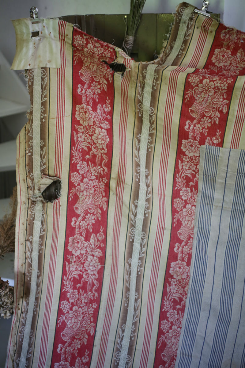 RARE Napoleon III French TICKING cotton PATCHED red cramoisi FLORAL c1850