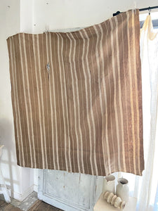 Antique WIDE French TICKING LINEN copper tones UPHOLSTERY c1900