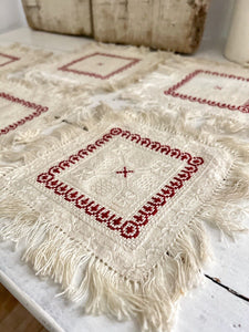 SET 5 French EMBROIDERED damask cotton DOILIES mat RED DECOR fringes c1930