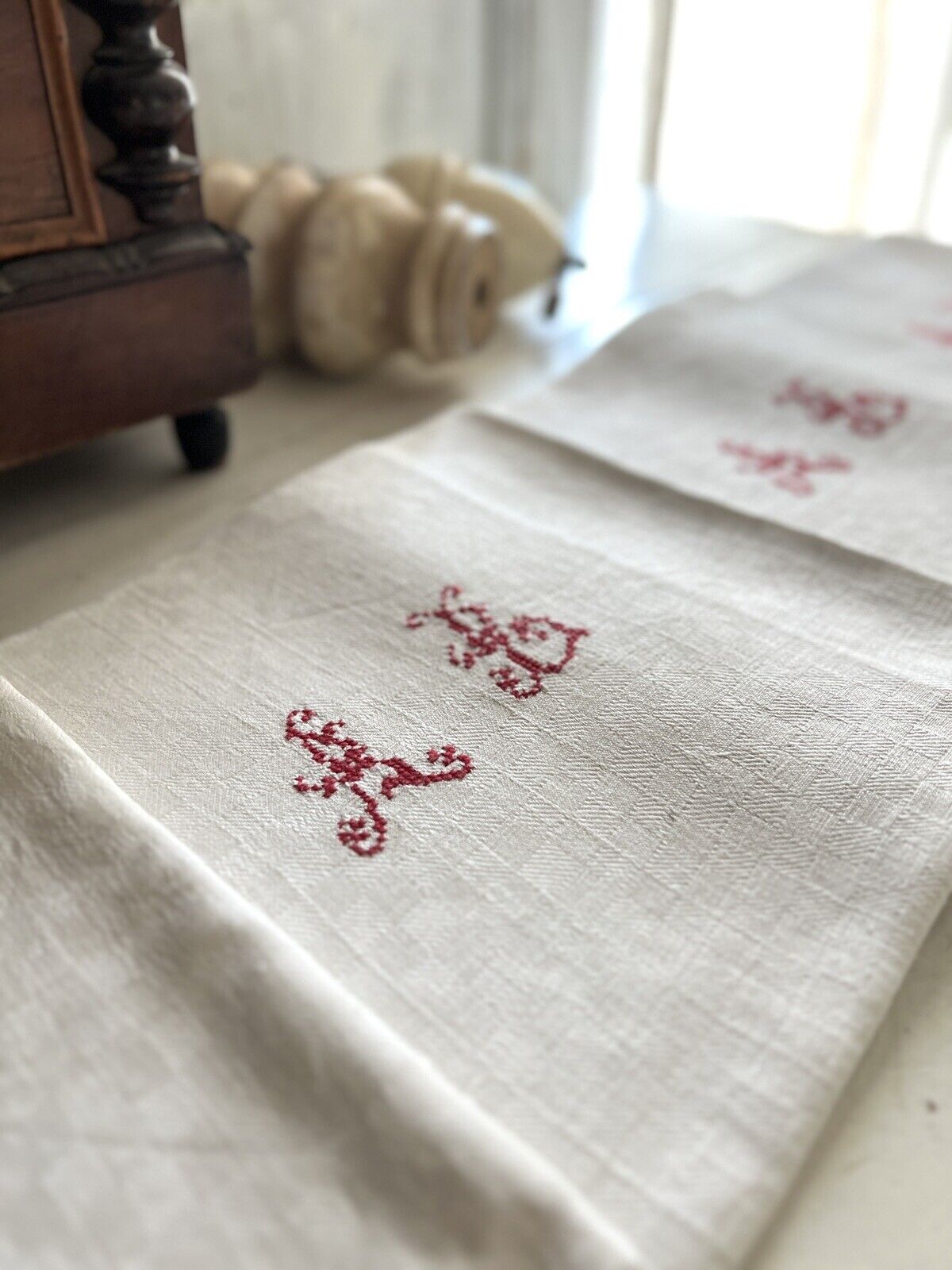 4 antique French heavy DAMASK LINEN NAPKINS AL mono c1880