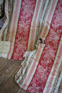 RARE Napoleon III French TICKING cotton PATCHED red cramoisi FLORAL c1850