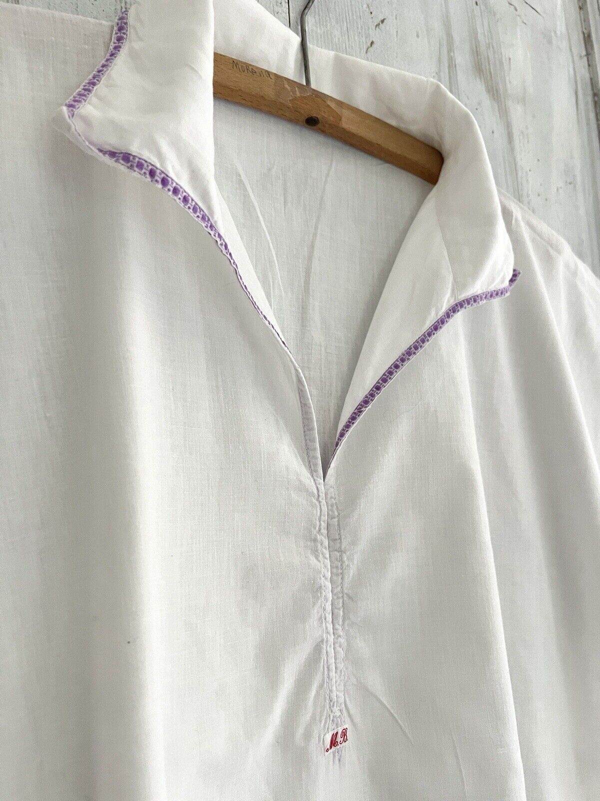 Vintage French MAN cotton gauze NIGHTSHIRT purple liseret 1930